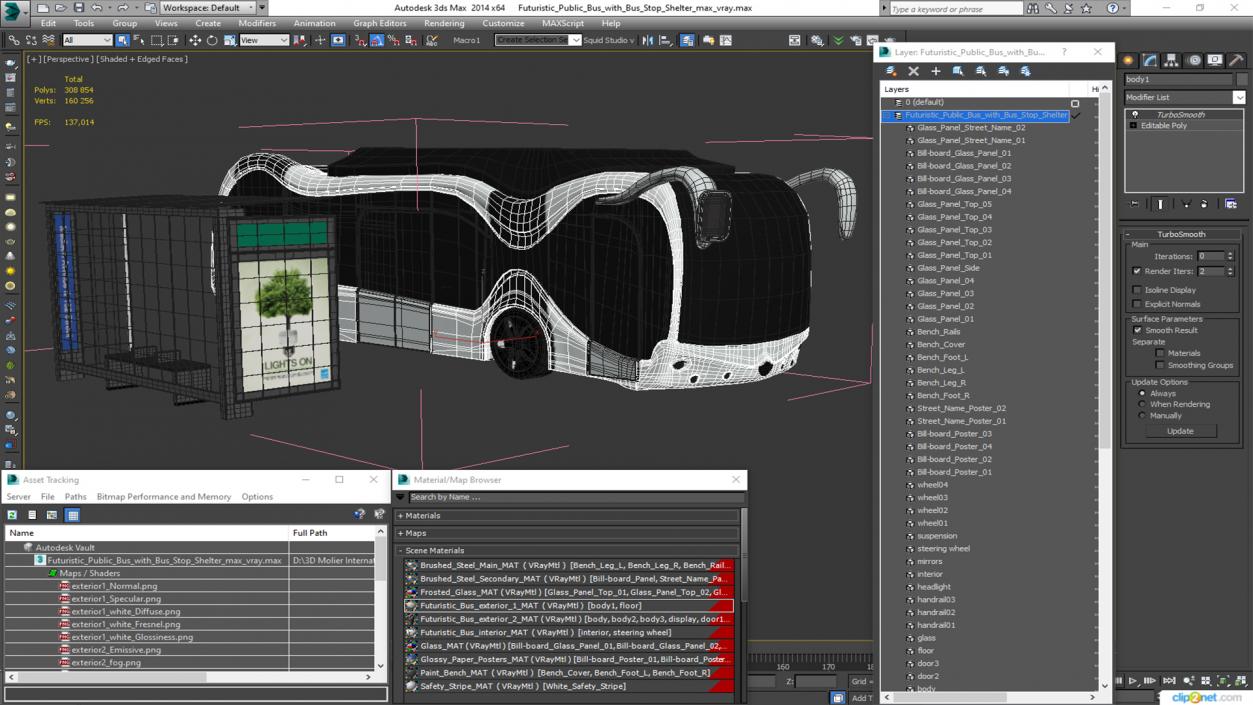 3D Futuristic Public Bus with Bus Stop Shelter model