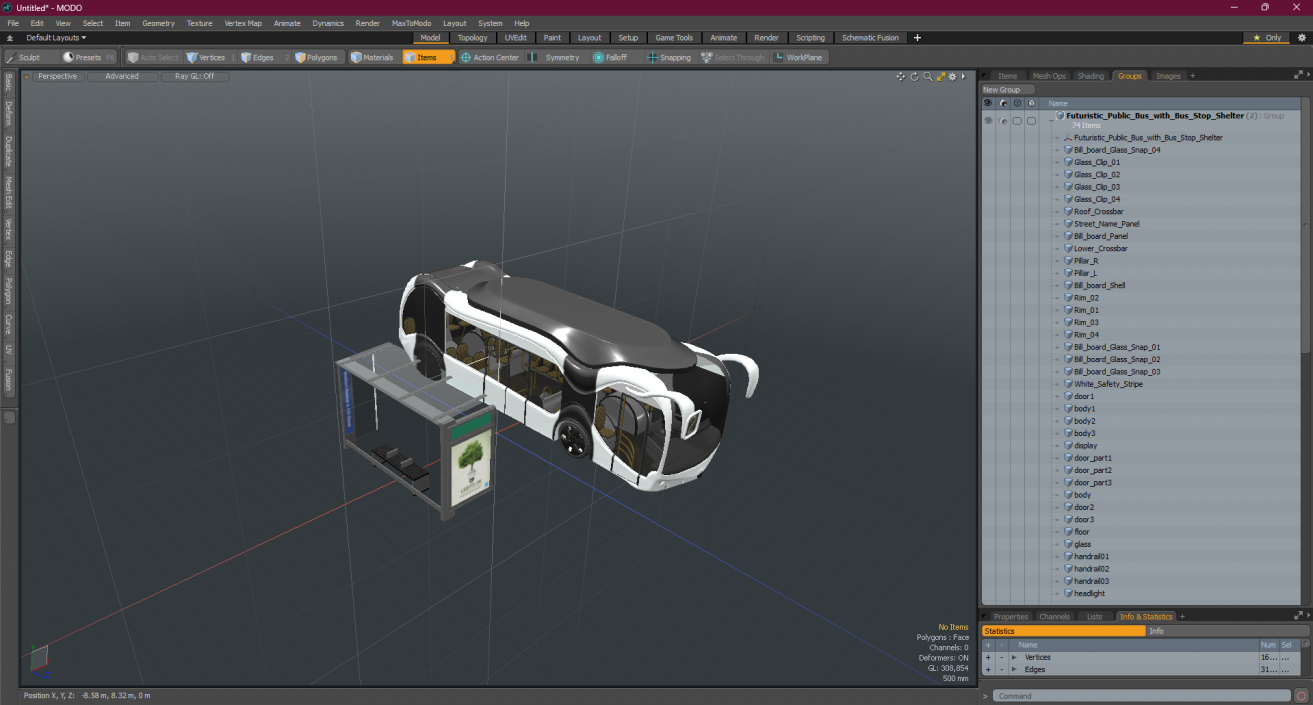 3D Futuristic Public Bus with Bus Stop Shelter model