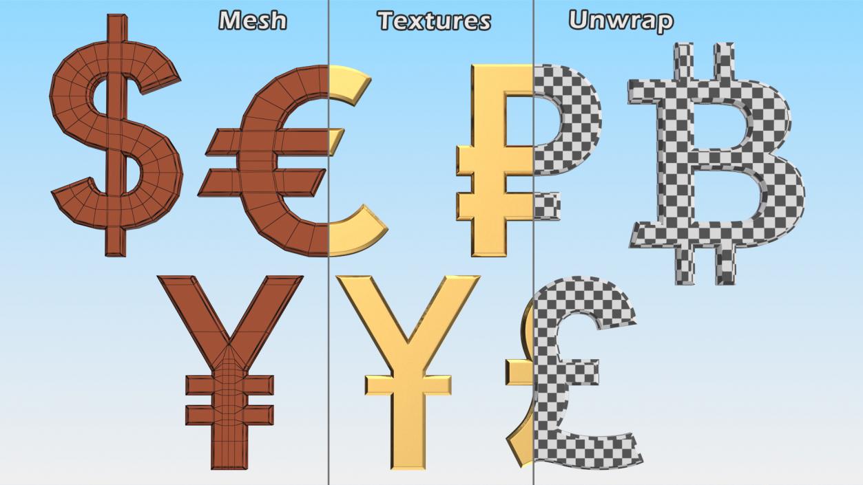 Currency Symbols Golden Set 3D