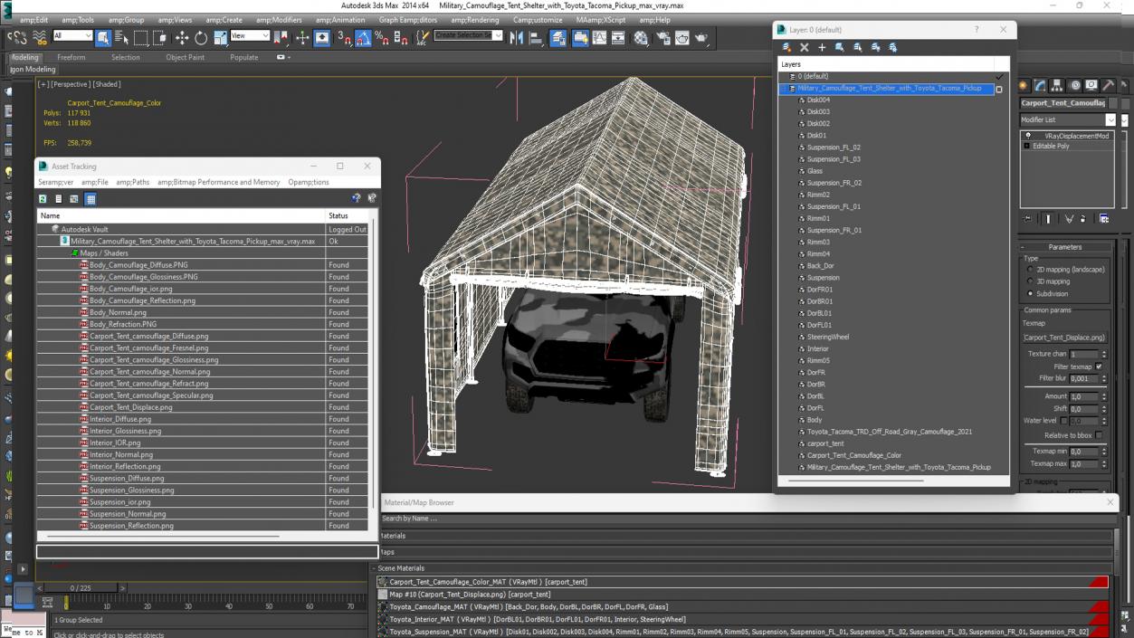 3D Military Camouflage Tent Shelter with Toyota Tacoma Pickup model