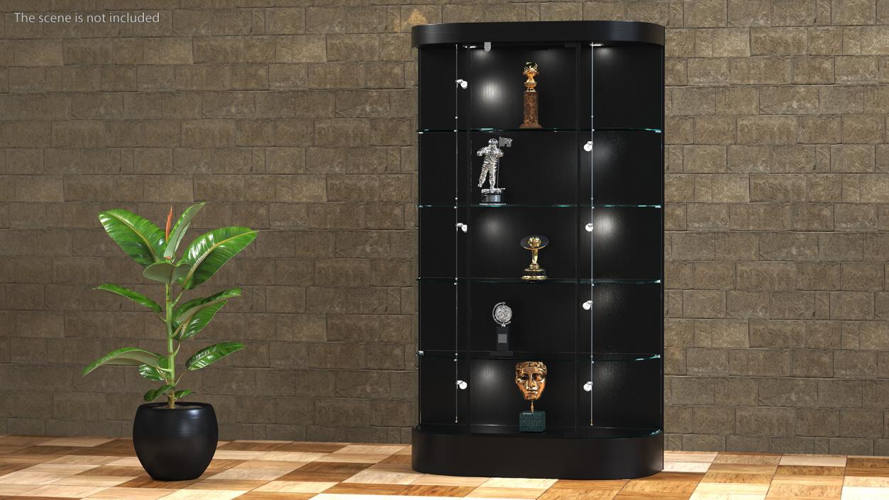 Curved Wall Display Case Black with Trophies 3D model