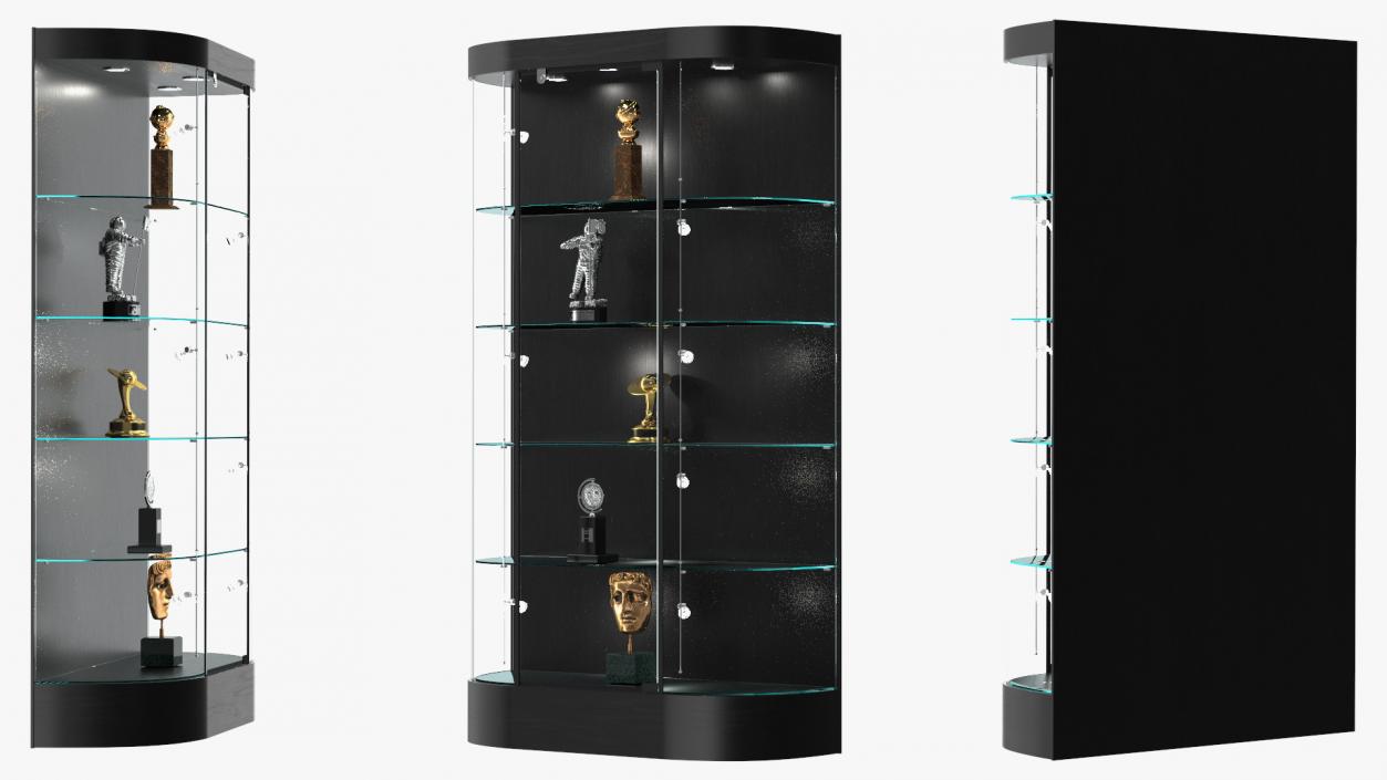 Curved Wall Display Case Black with Trophies 3D model