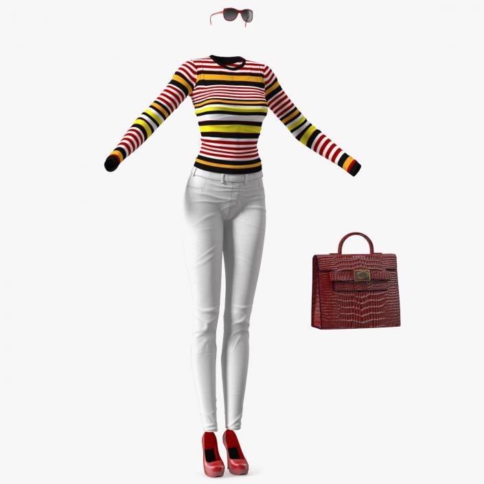 Fashionable White Jeans with Striped Sweater 3D model