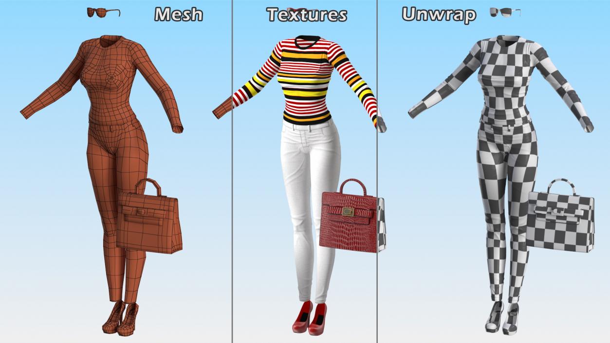 Fashionable White Jeans with Striped Sweater 3D model