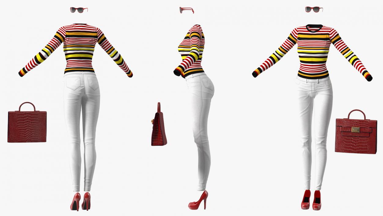 Fashionable White Jeans with Striped Sweater 3D model