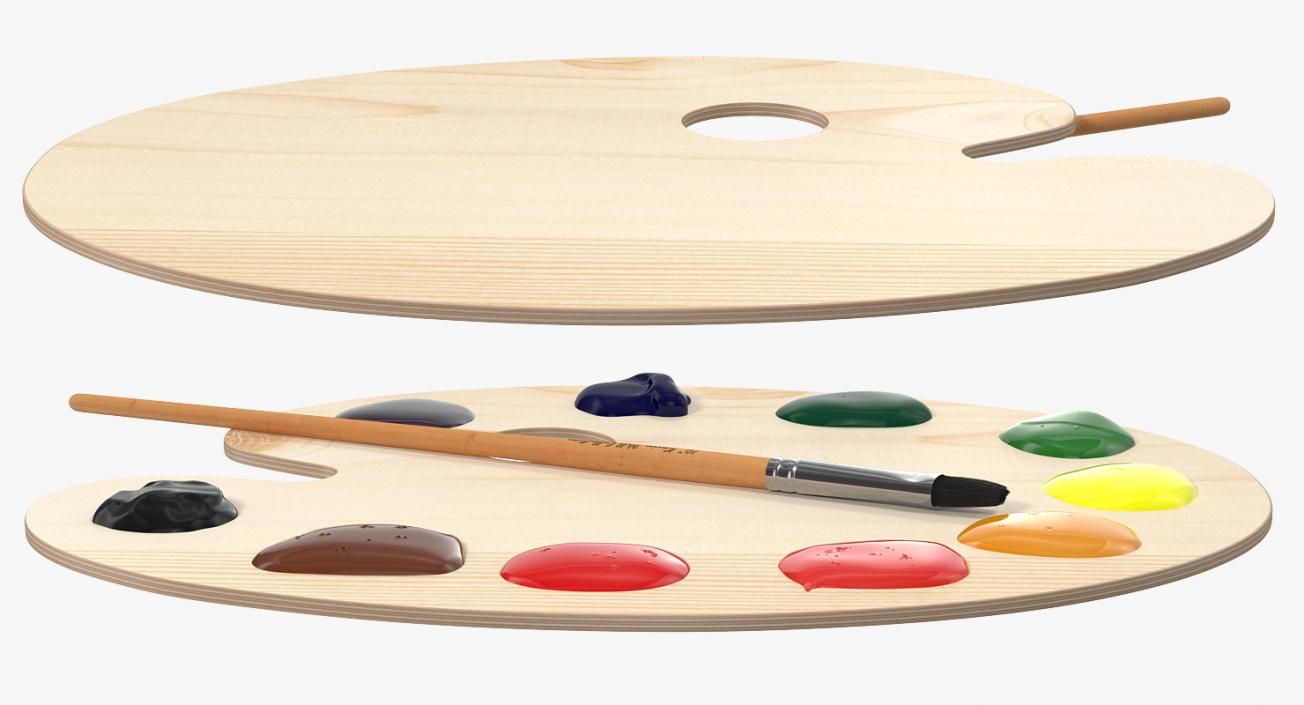 3D model Wooden Art Palette with Oil Paint Tubes Collection