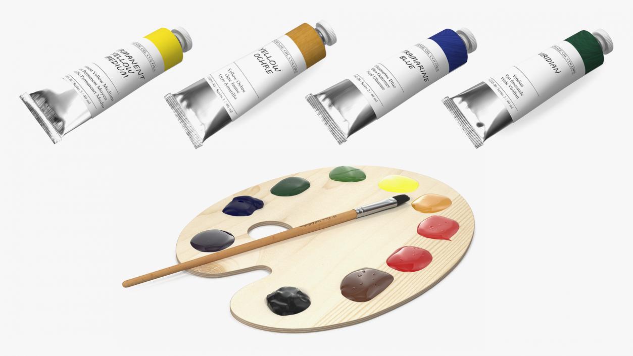 3D model Wooden Art Palette with Oil Paint Tubes Collection