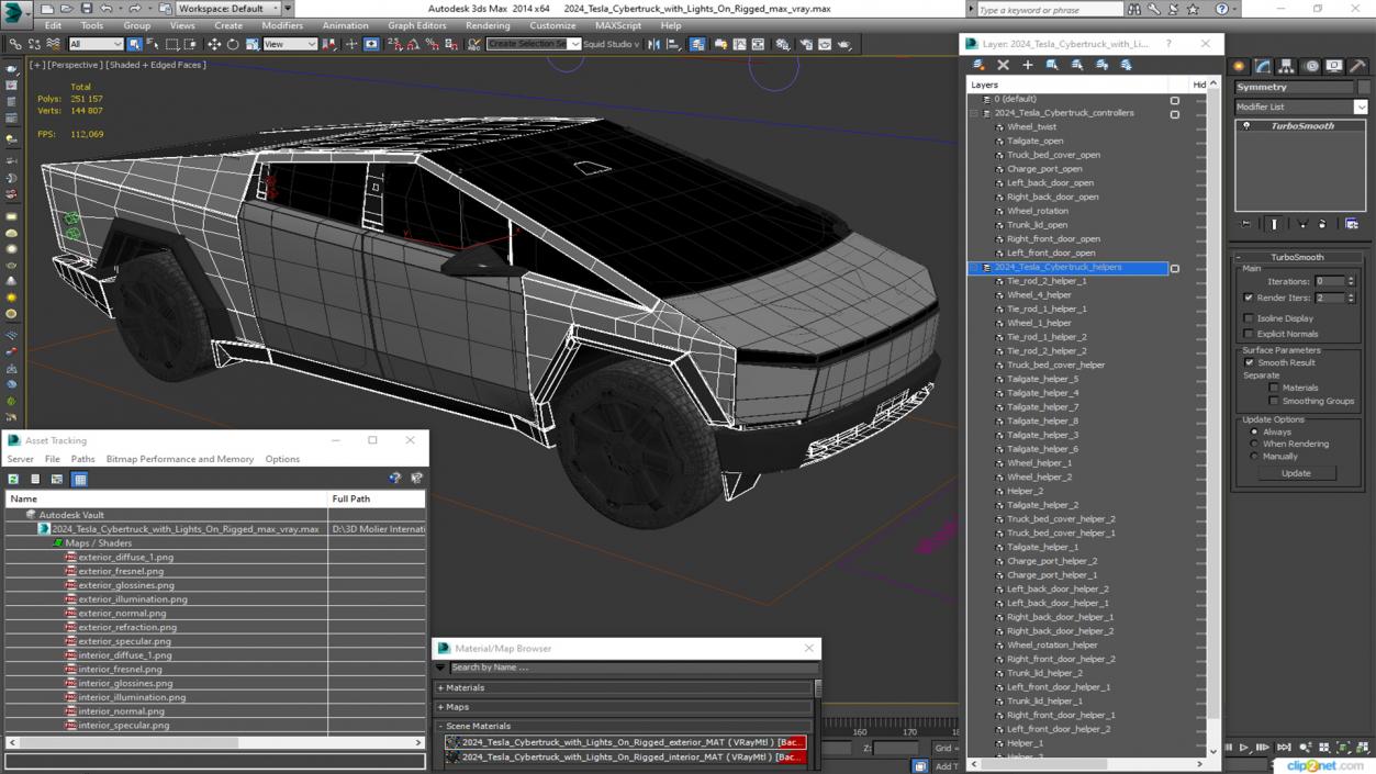 3D 2024 Tesla Cybertruck with Lights On Rigged model