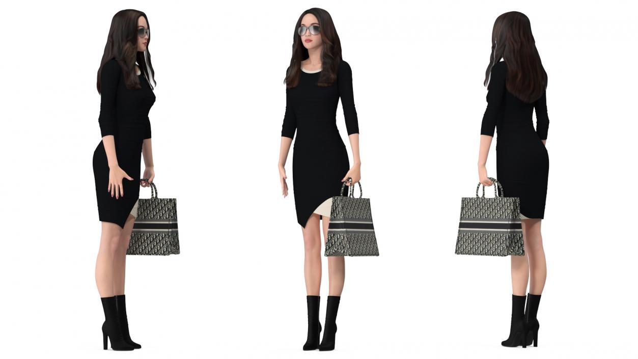 3D Elegant Woman with Beige Tote Bag model