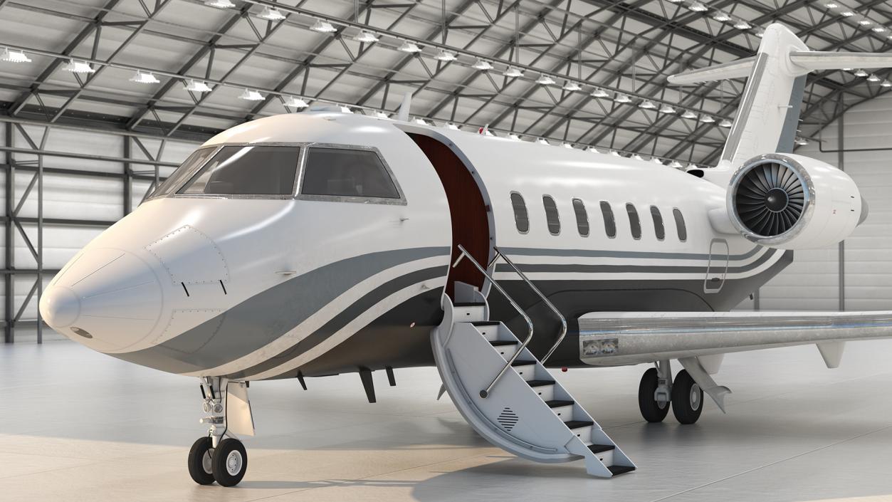 Business Jet Bombardier Challenger 604 In Aircraft Hangar 3D