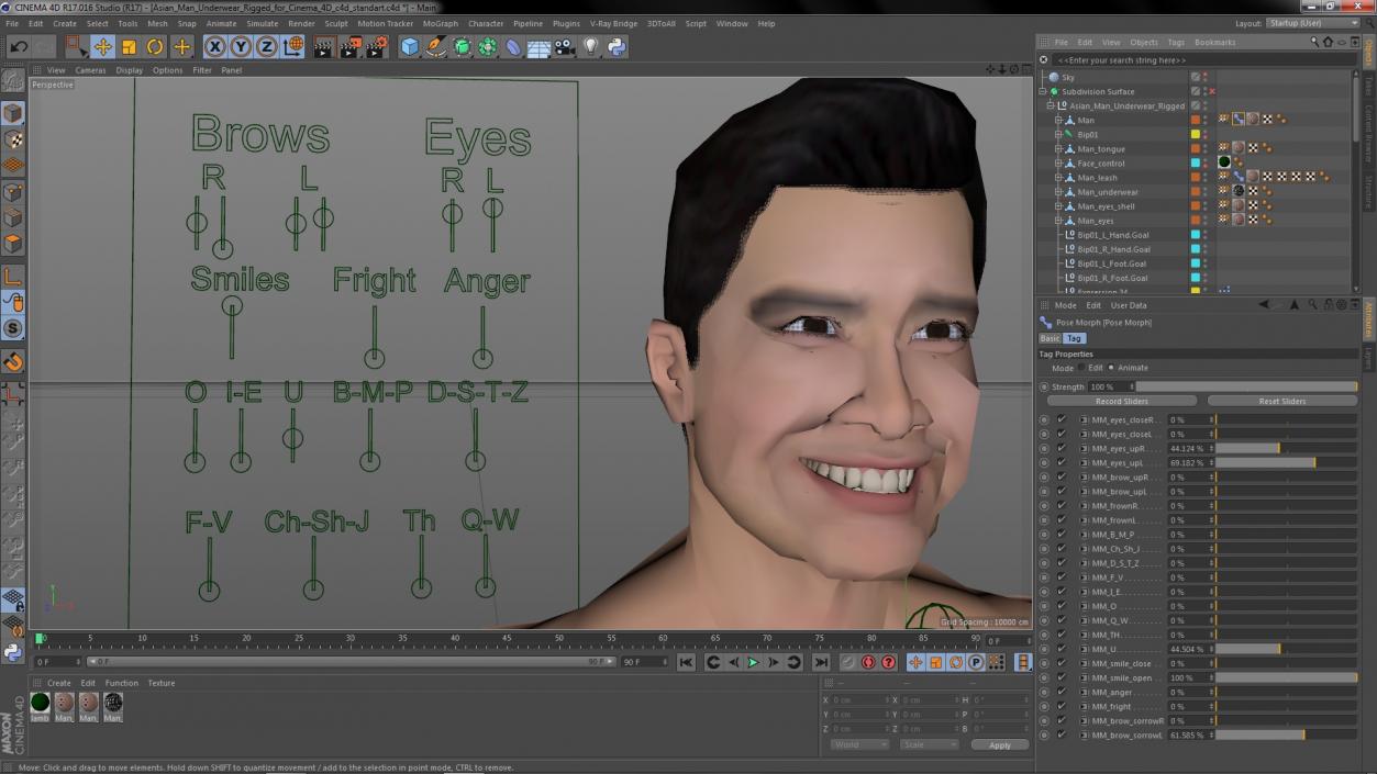 3D model Asian Man Underwear Rigged for Cinema 4D