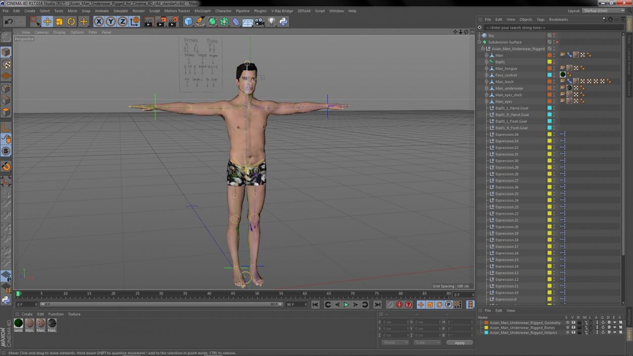 3D model Asian Man Underwear Rigged for Cinema 4D