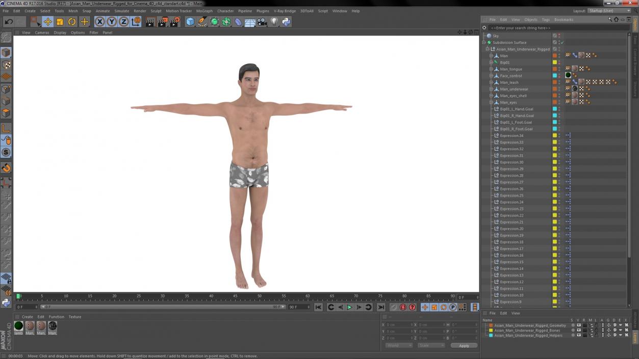 3D model Asian Man Underwear Rigged for Cinema 4D