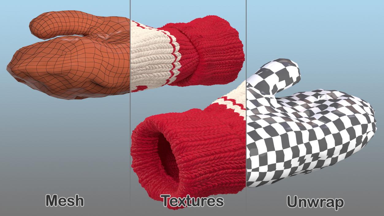 Pair of Red Wool Mittens 3D model