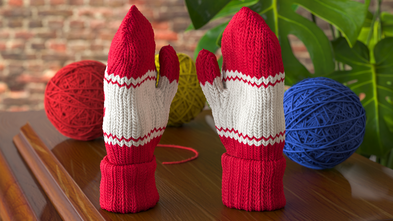 Pair of Red Wool Mittens 3D model