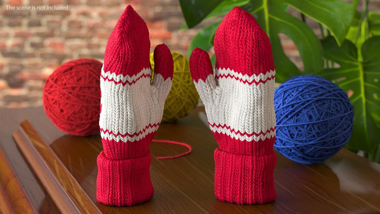 Pair of Red Wool Mittens 3D model