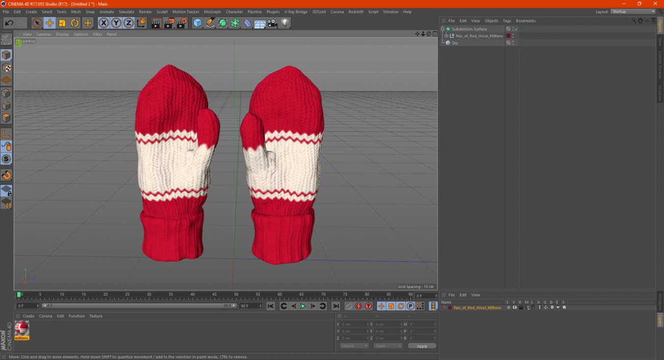 Pair of Red Wool Mittens 3D model