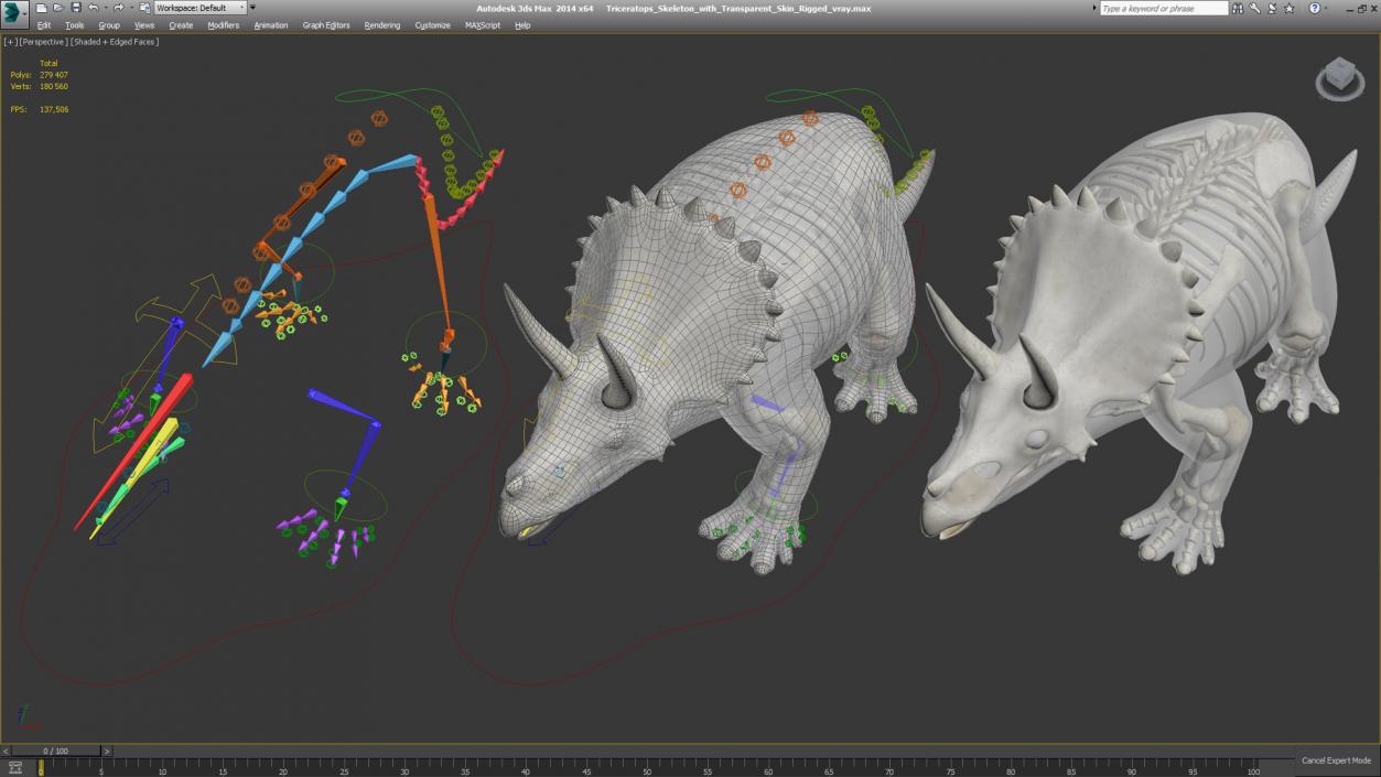 Triceratops Skeleton with Transparent Skin Rigged 3D model