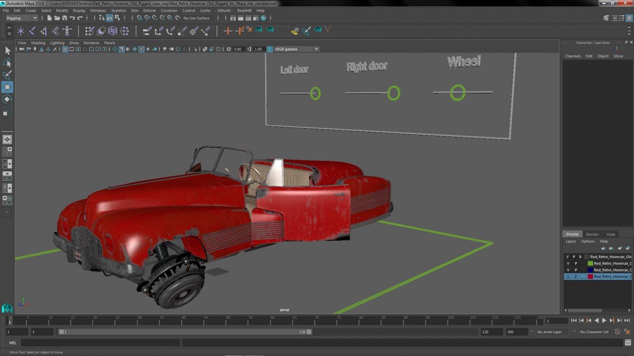 3D Red Retro Hovercar Old Rigged for Maya model