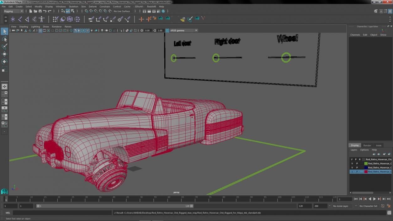 3D Red Retro Hovercar Old Rigged for Maya model