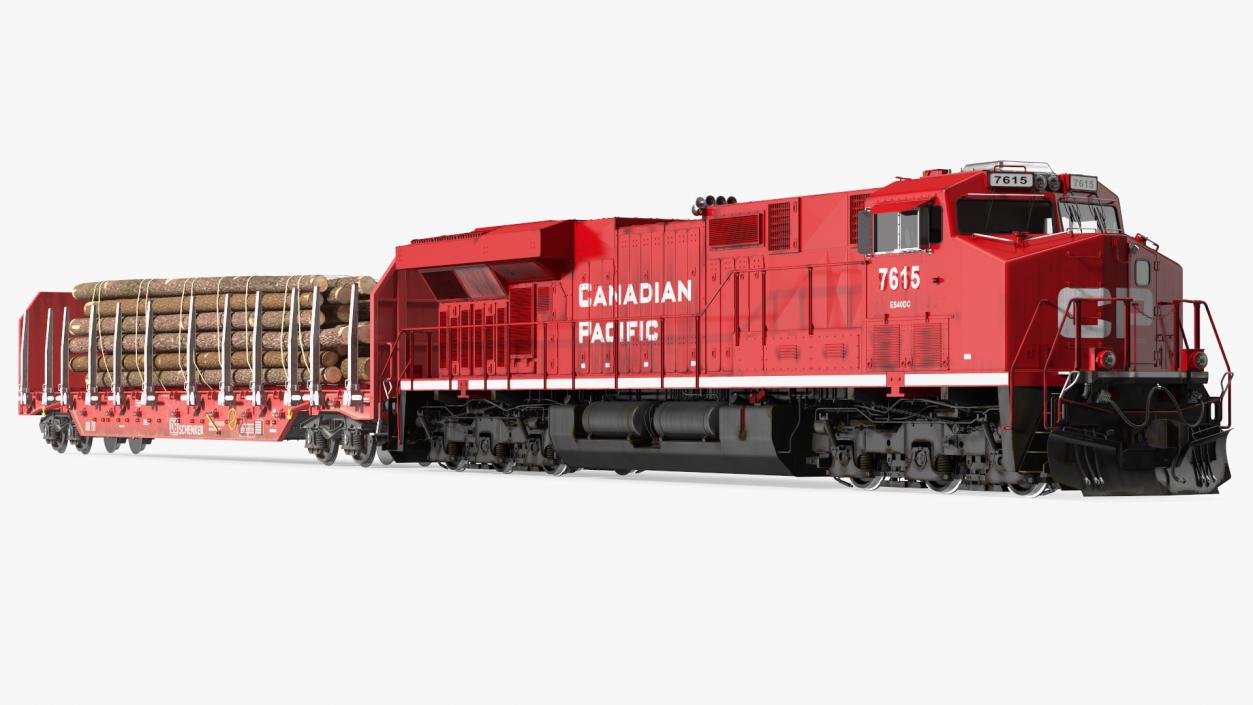 Locomotive Canadian Pacific with Stake Wagon with Logs 3D model