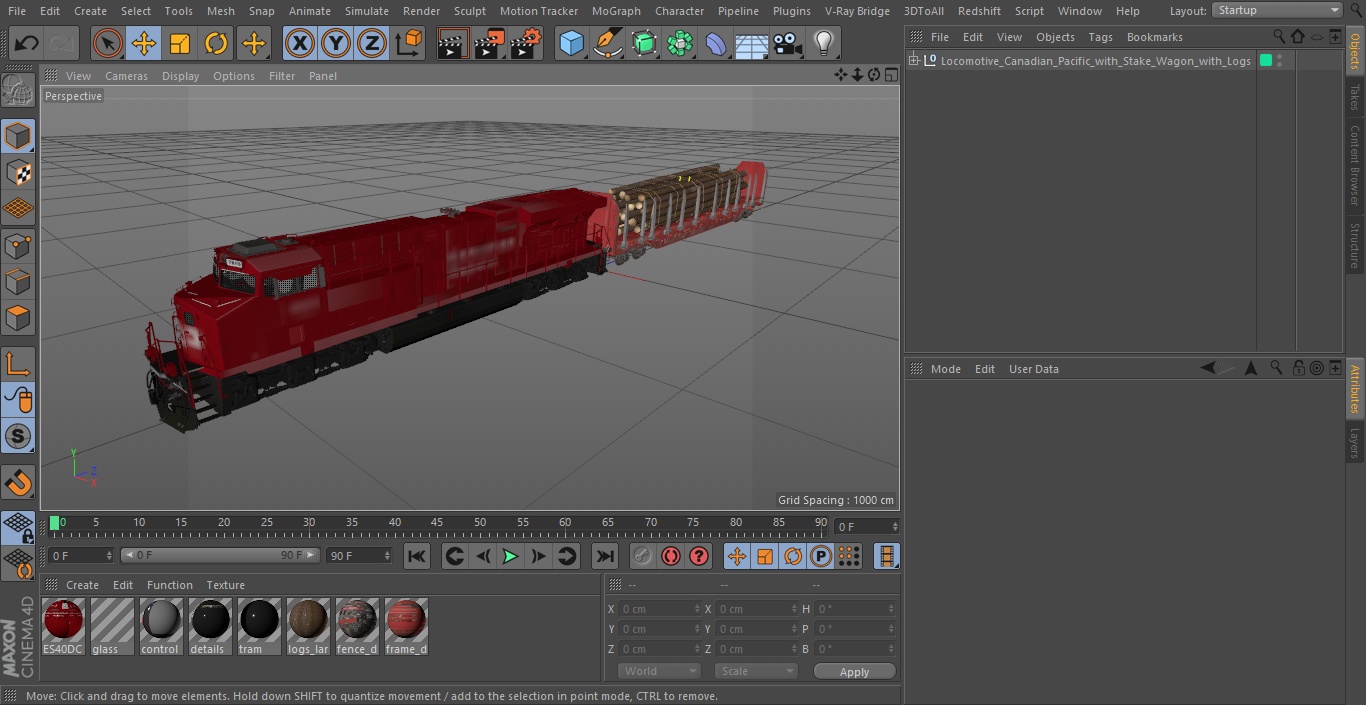 Locomotive Canadian Pacific with Stake Wagon with Logs 3D model