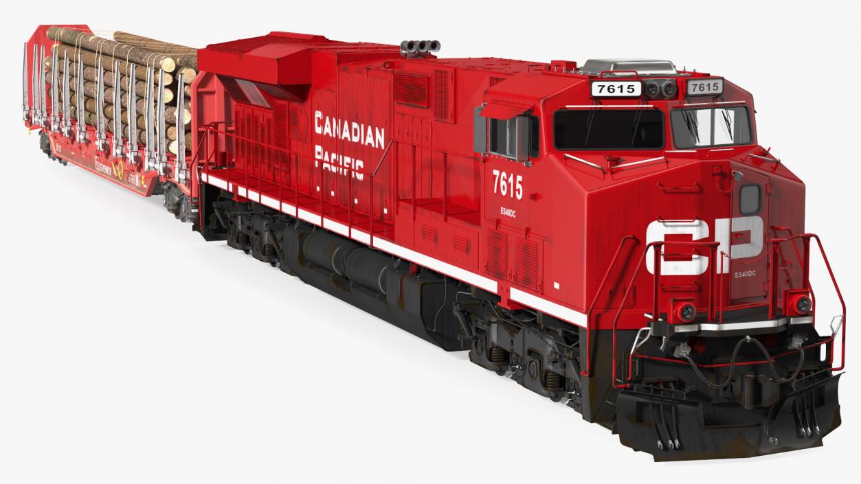 Locomotive Canadian Pacific with Stake Wagon with Logs 3D model