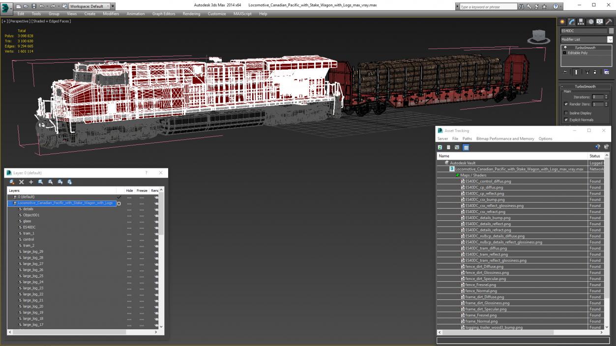 Locomotive Canadian Pacific with Stake Wagon with Logs 3D model