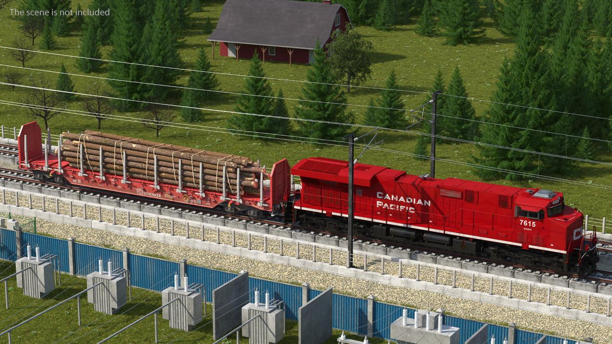 Locomotive Canadian Pacific with Stake Wagon with Logs 3D model