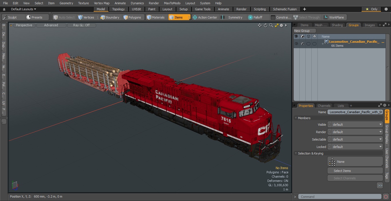 Locomotive Canadian Pacific with Stake Wagon with Logs 3D model