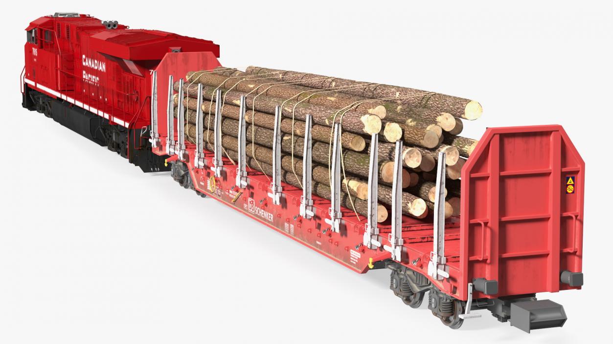 Locomotive Canadian Pacific with Stake Wagon with Logs 3D model