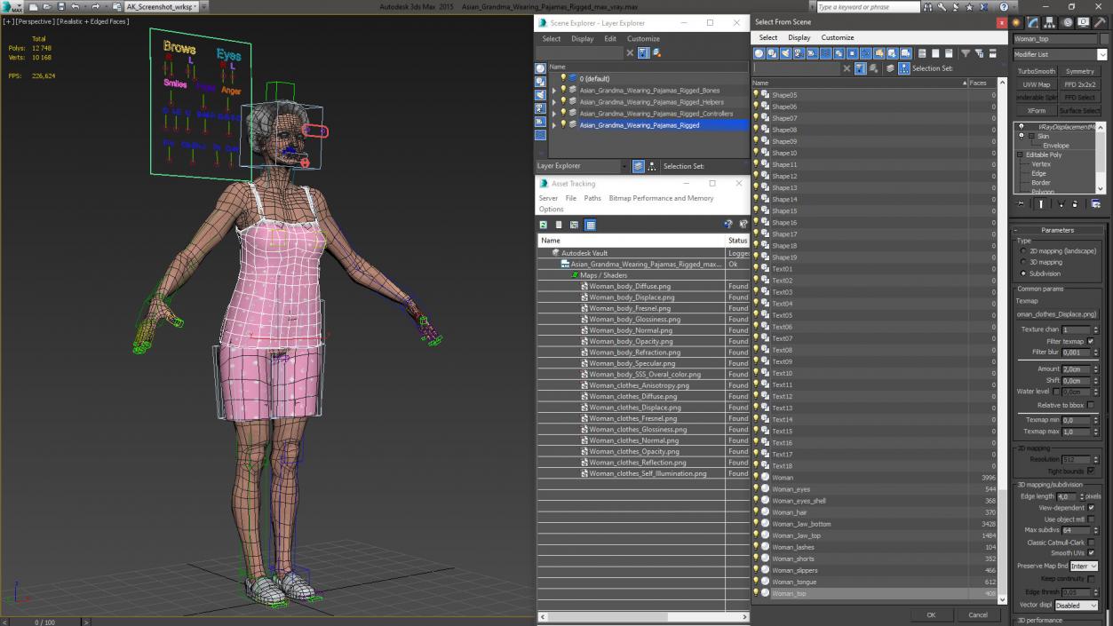 3D model Asian Grandma Wearing Pajamas Rigged for Cinema 4D