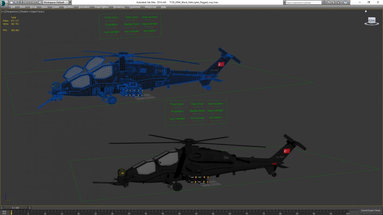 3D T129 ATAK Black Helicopter Rigged model