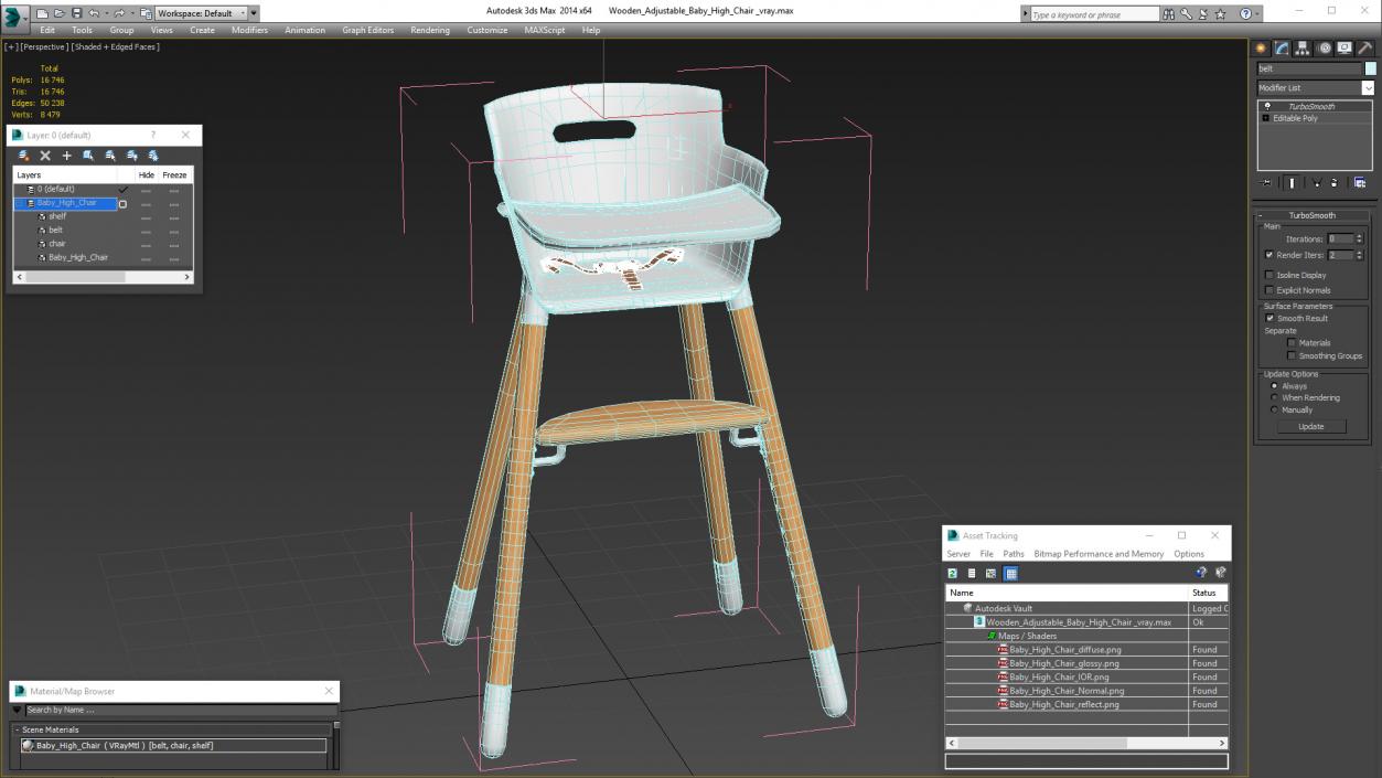 3D Wooden Adjustable Baby High Chair model