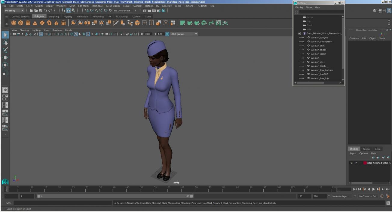 3D Dark Skinned Black Stewardess Standing Pose model