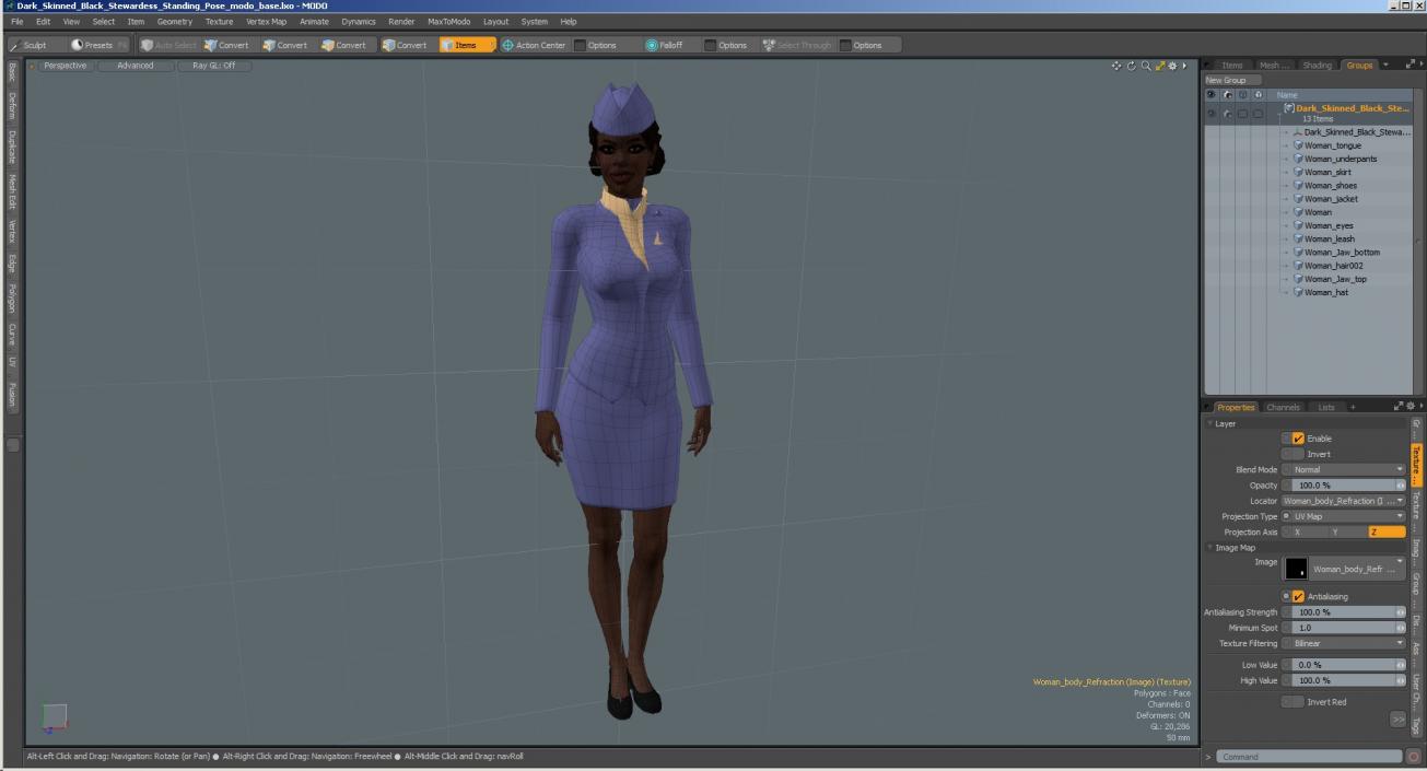 3D Dark Skinned Black Stewardess Standing Pose model