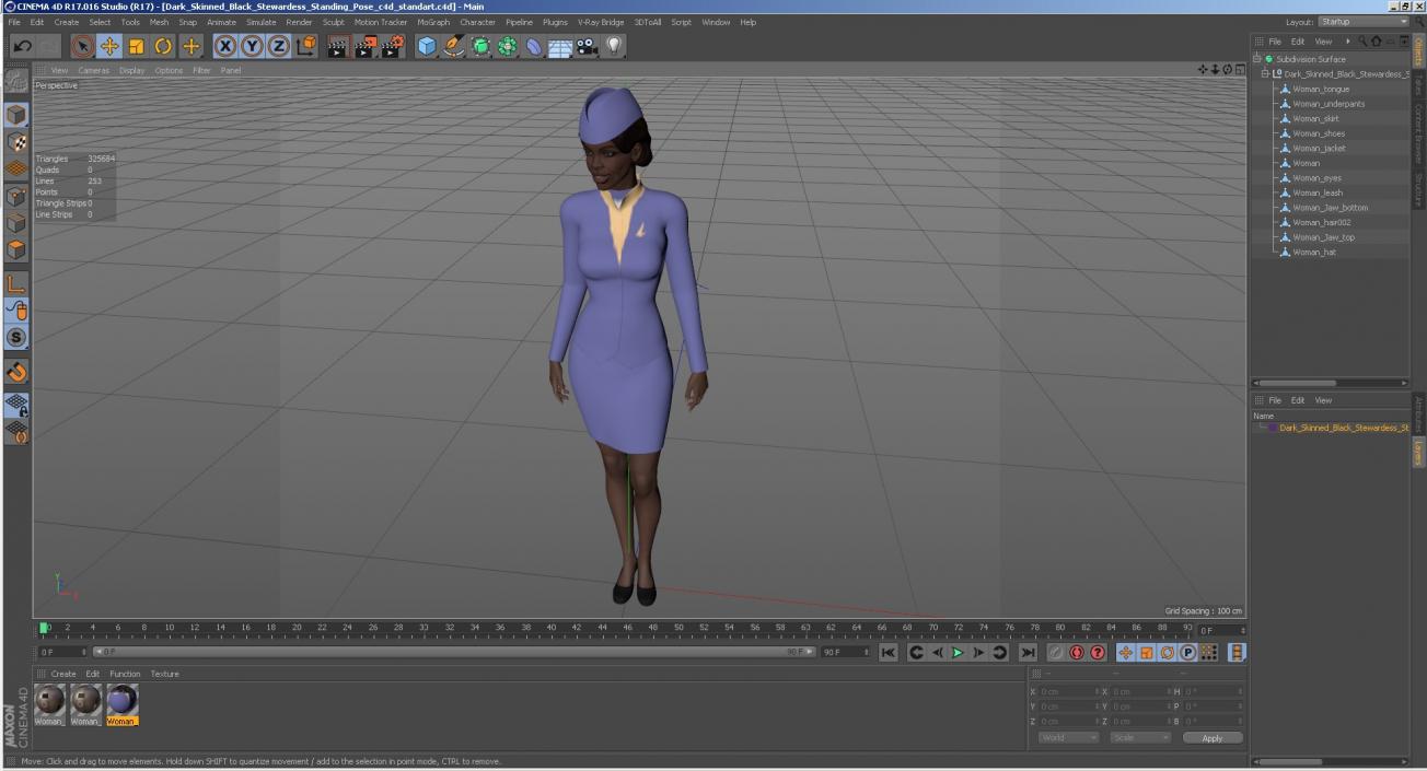 3D Dark Skinned Black Stewardess Standing Pose model