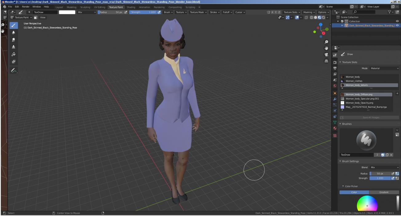 3D Dark Skinned Black Stewardess Standing Pose model