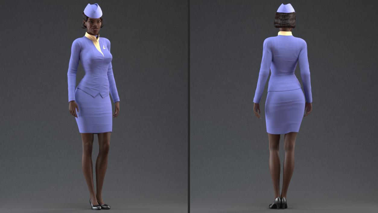 3D Dark Skinned Black Stewardess Standing Pose model