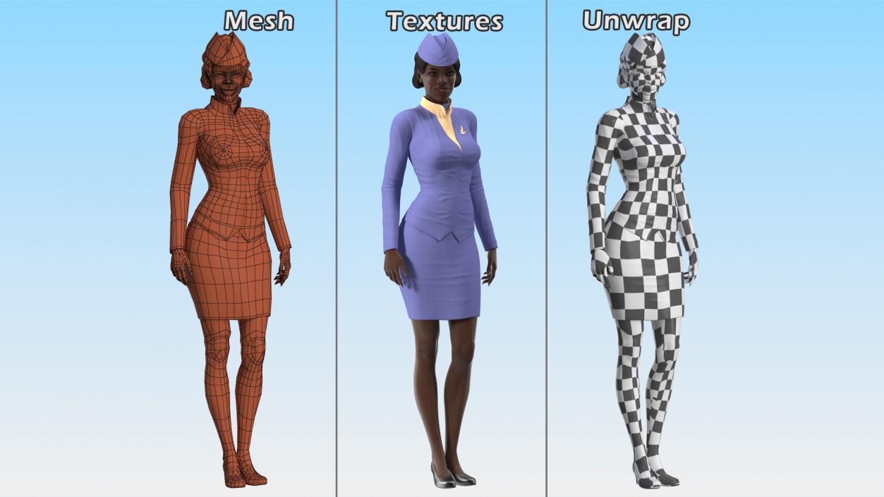 3D Dark Skinned Black Stewardess Standing Pose model