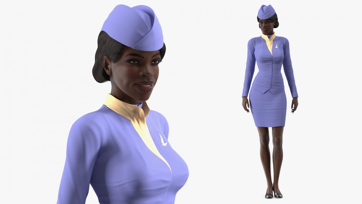 3D Dark Skinned Black Stewardess Standing Pose model