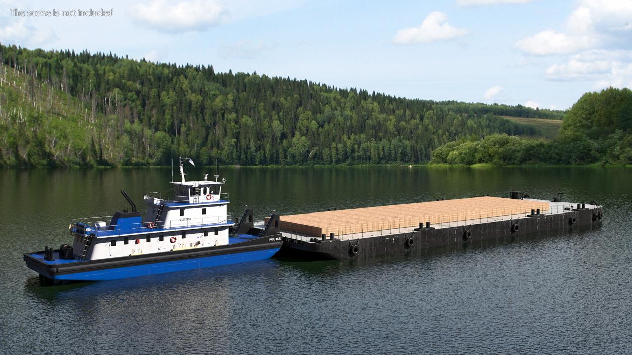 Push Boat Ship with Pontoon Barge Loaded Wood Planks 3D