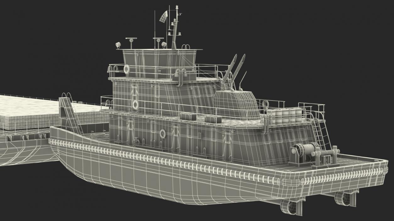 Push Boat Ship with Pontoon Barge Loaded Wood Planks 3D