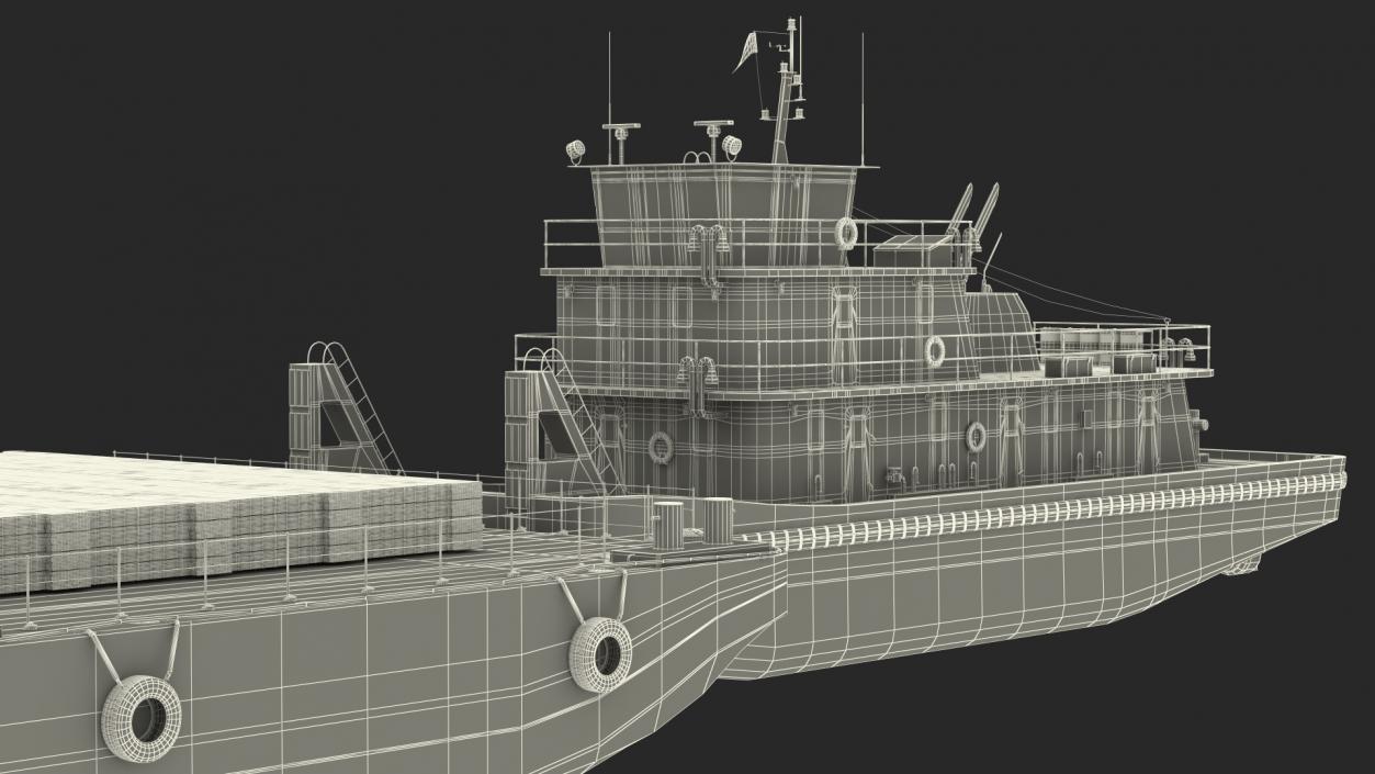 Push Boat Ship with Pontoon Barge Loaded Wood Planks 3D