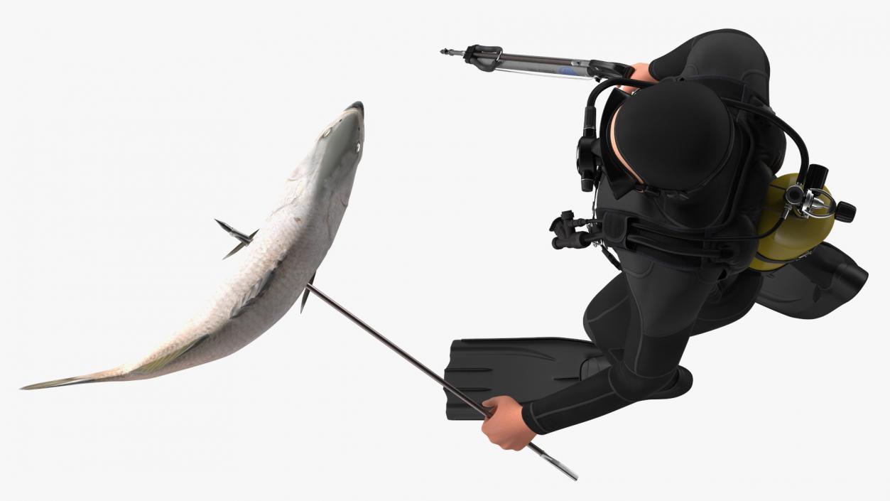 Diver with Underwater Speargun and Fish 3D model