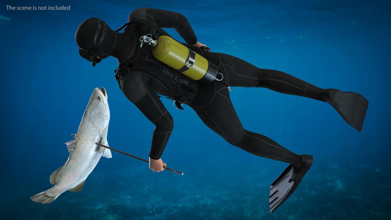 Diver with Underwater Speargun and Fish 3D model