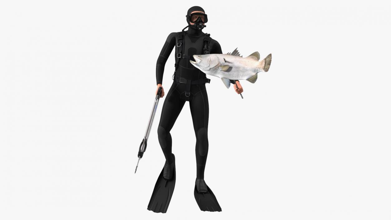 Diver with Underwater Speargun and Fish 3D model