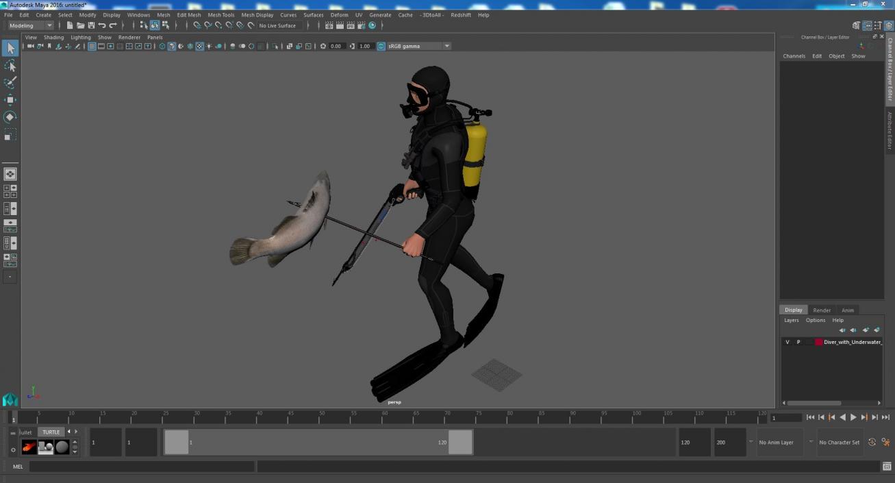 Diver with Underwater Speargun and Fish 3D model