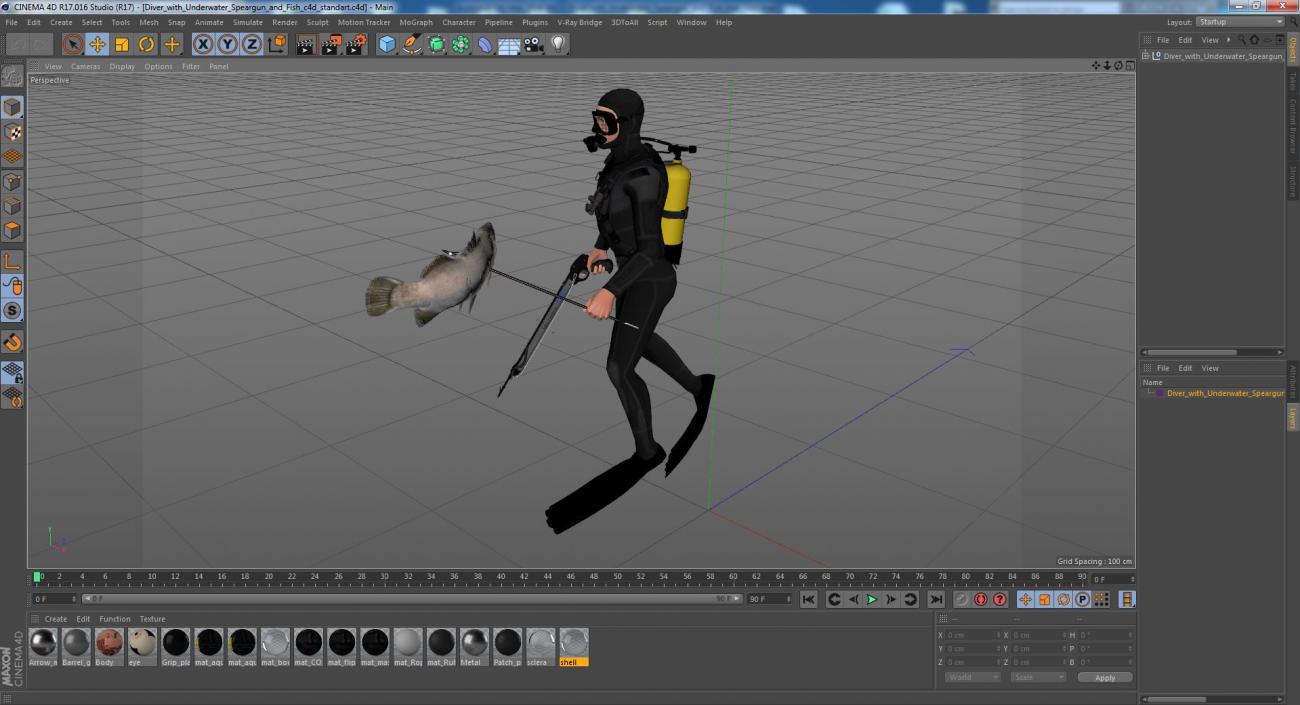 Diver with Underwater Speargun and Fish 3D model