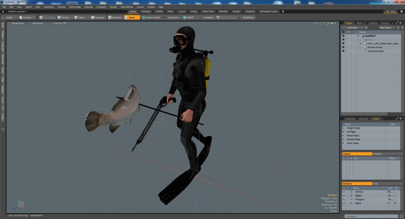 Diver with Underwater Speargun and Fish 3D model